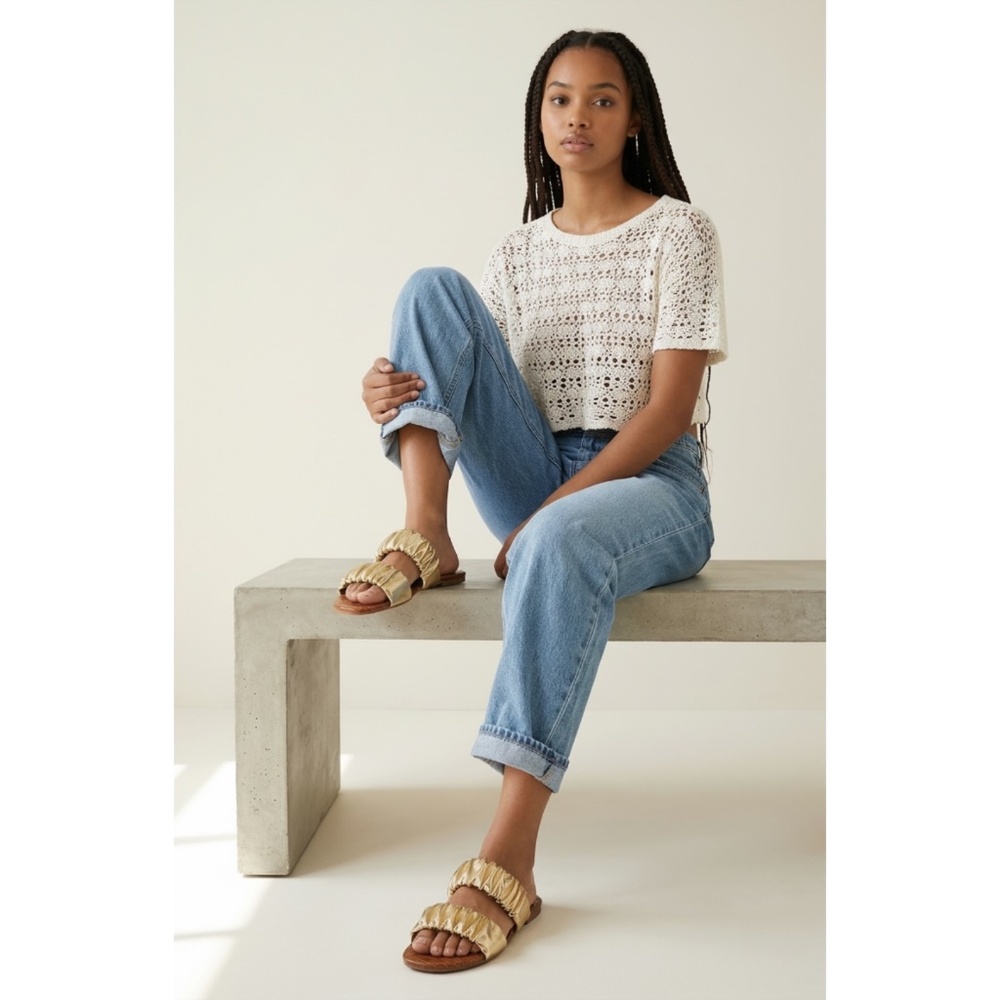 Qupid Gold Ruched Slip On Sandals | Metallic Scrunch Flat Slides - Picture 7 of 9